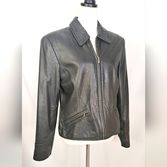 Lord and Taylor Womens Leather Jacket Black Moto Vintage Full Zip Pockets  10 - Picture 2 of 16